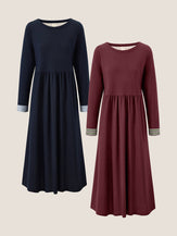 Organic Cotton Patchwork Cuff Crew Neck Casual Midi Dress SCARLETT by LINTICO for women
