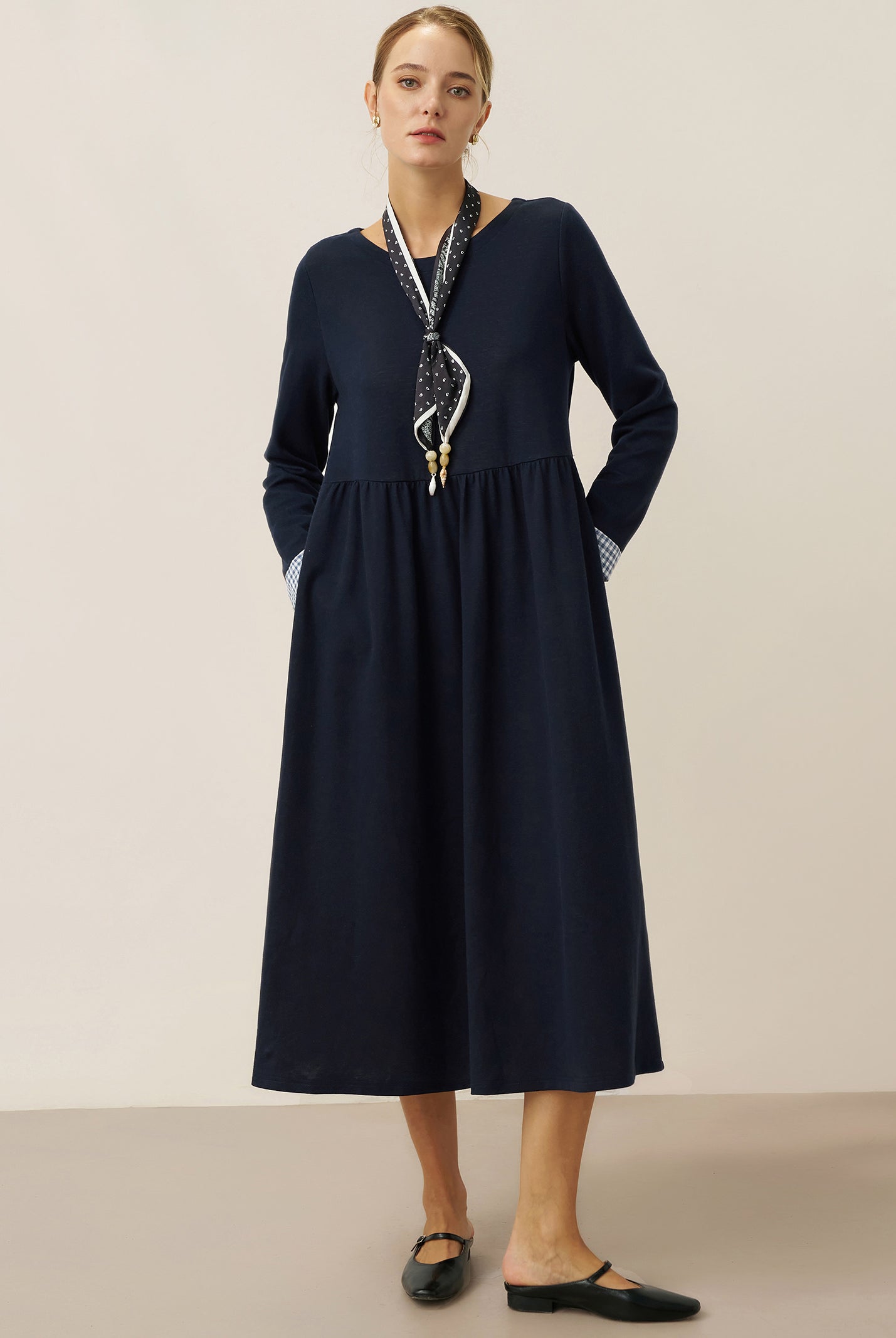 Organic Cotton Patchwork Cuff Crew Neck Casual Midi Dress SCARLETT by LINTICO for women