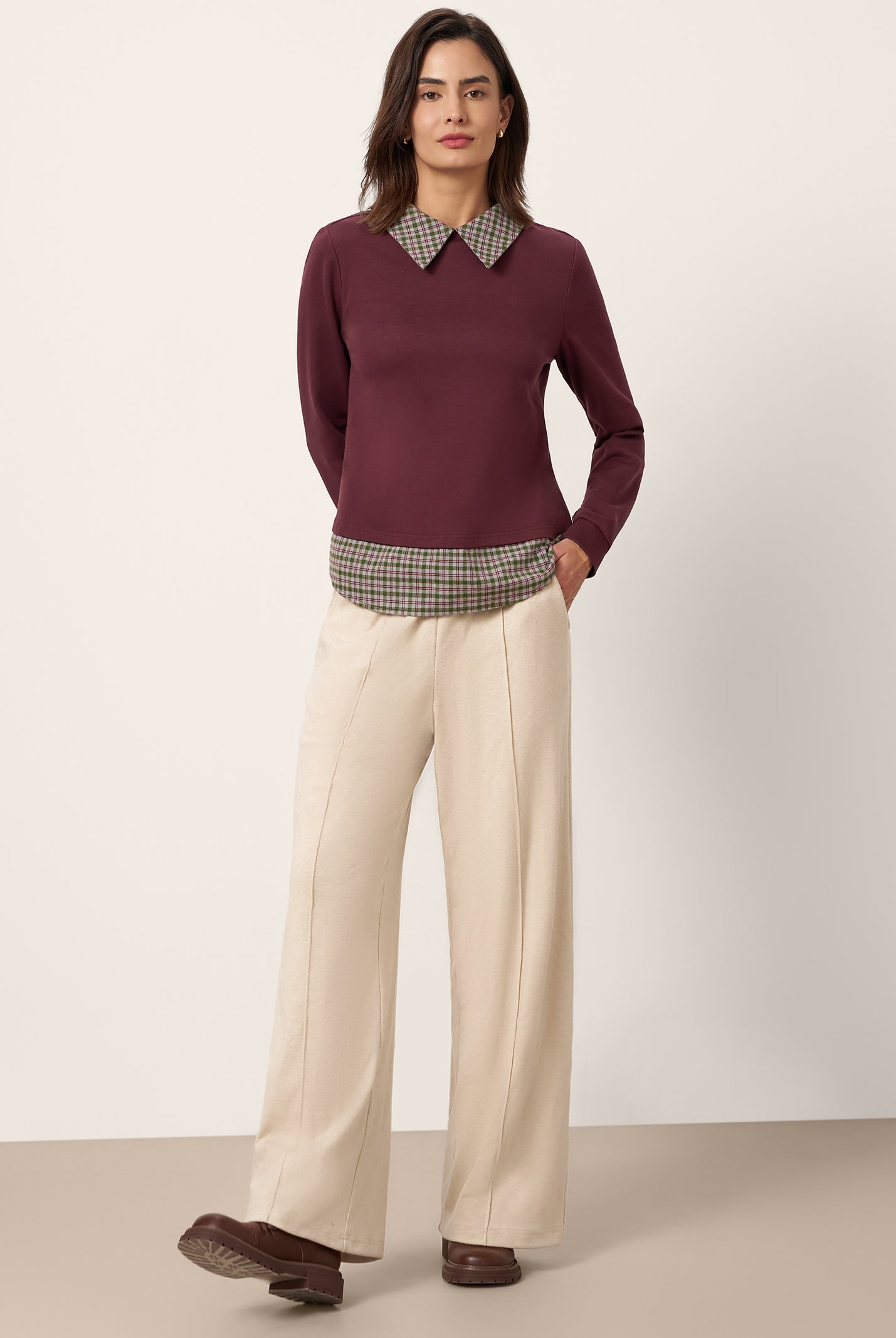 Cotton Plaid Panel Long Sleeve Top RAYNA by LINTICO for women