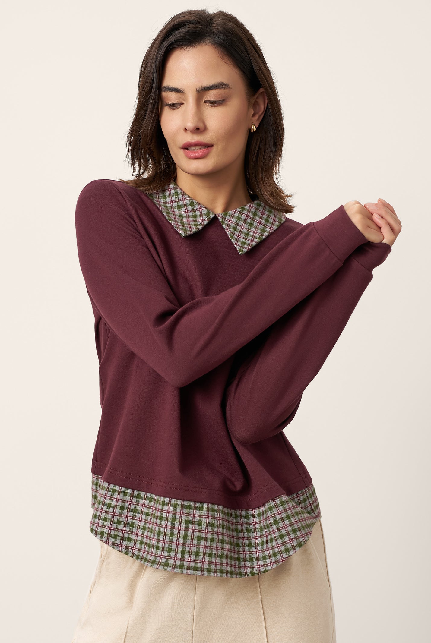 Cotton Plaid Panel Long Sleeve Top RAYNA by LINTICO for women