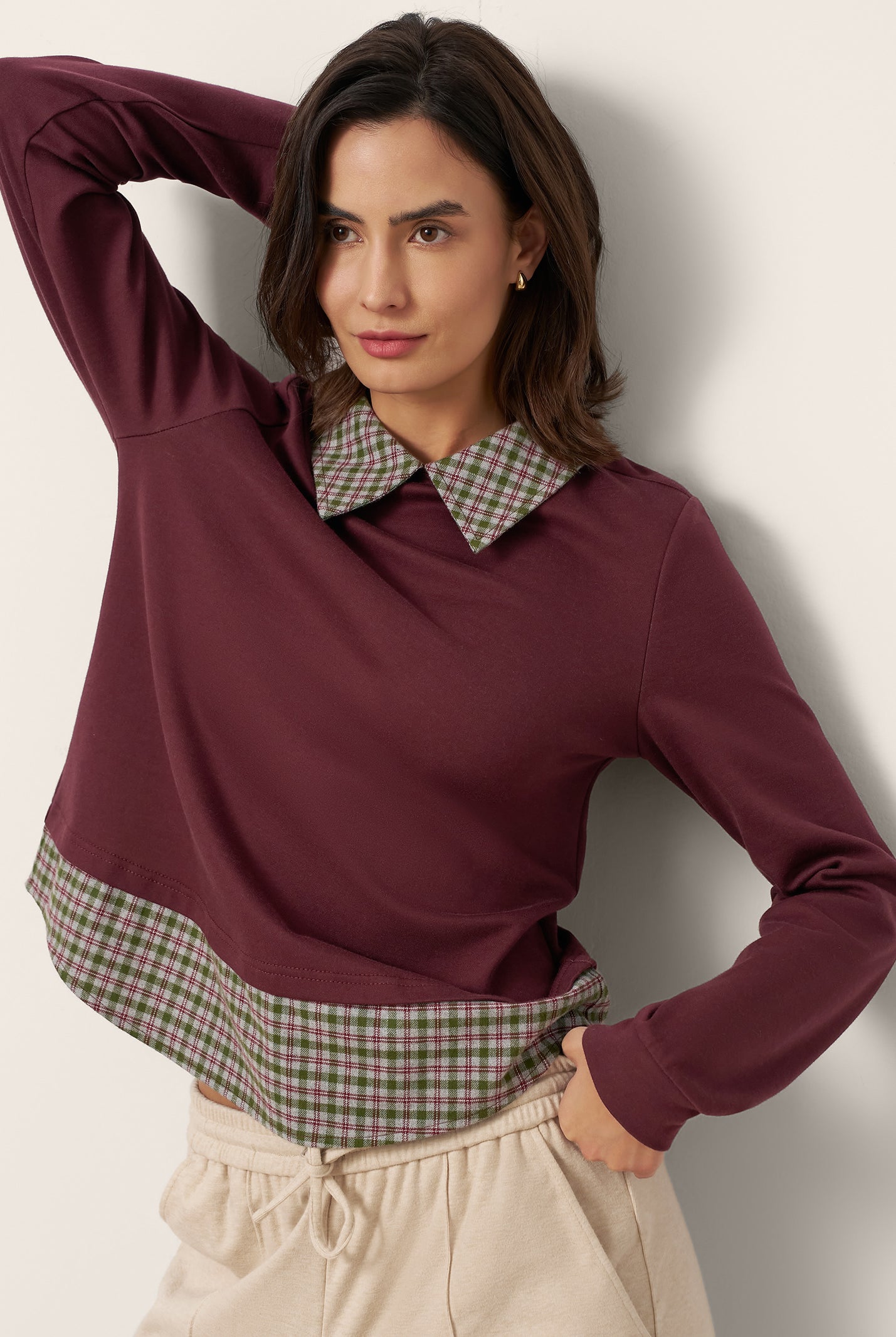 Cotton Plaid Panel Long Sleeve Top RAYNA by LINTICO for women
