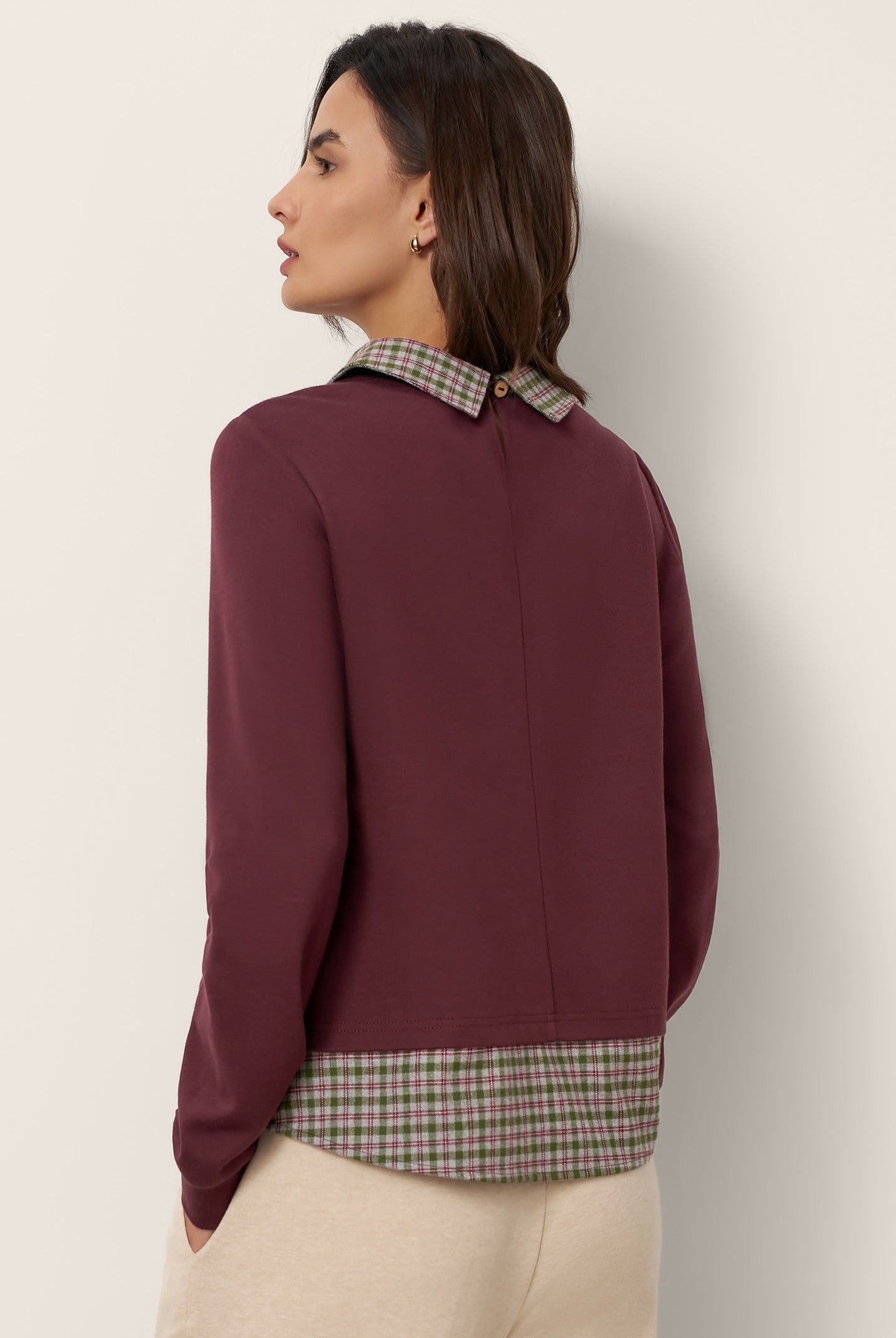 Cotton Plaid Panel Long Sleeve Top RAYNA by LINTICO for women