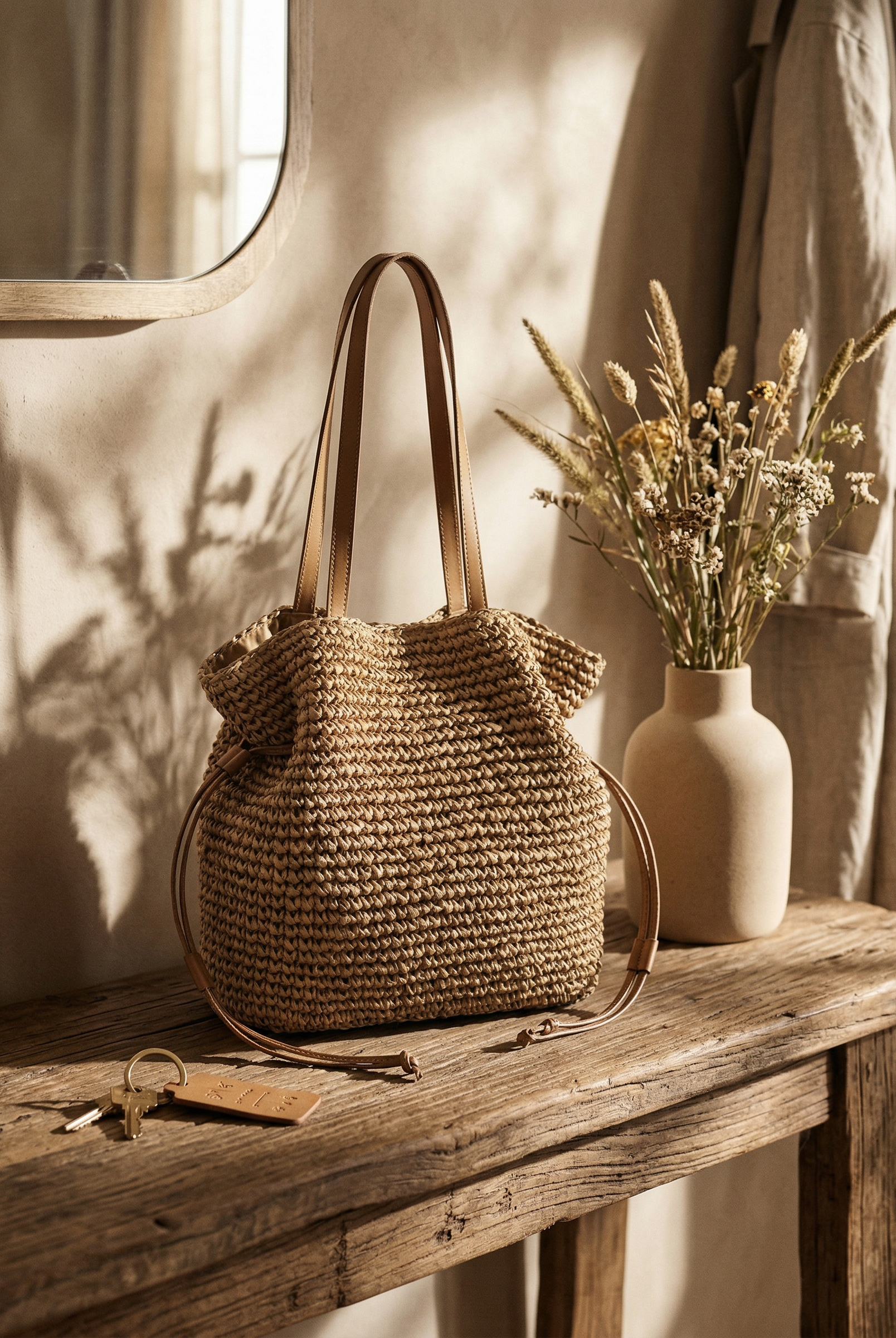 Artisanal Hand-Crocheted Straw Bucket Bag by LINTICO for women