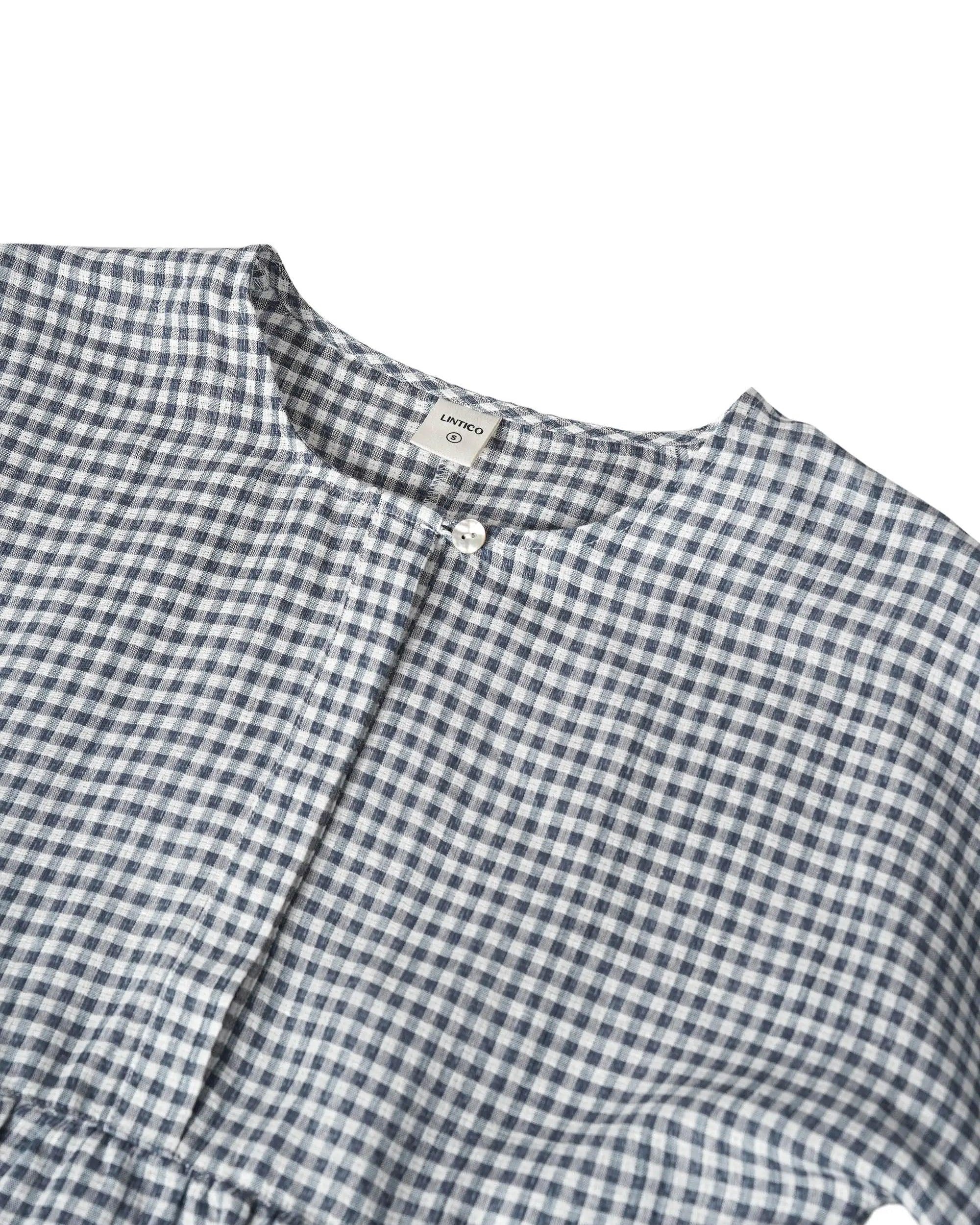 Linen Checked Long-Sleeved Top - TOPS-Linen Blouses