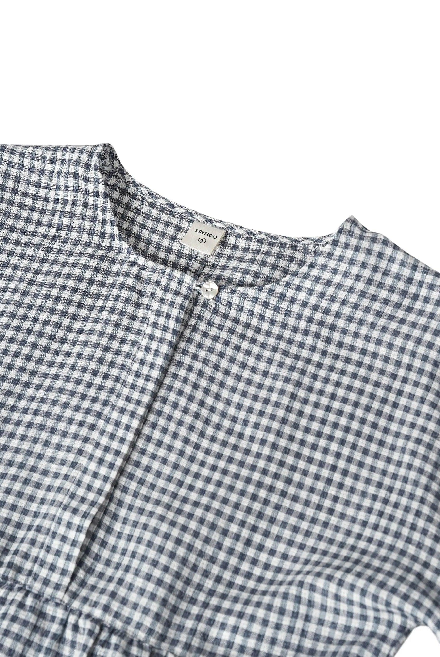 Linen Checked Long-Sleeved Top - TOPS-Linen Blouses