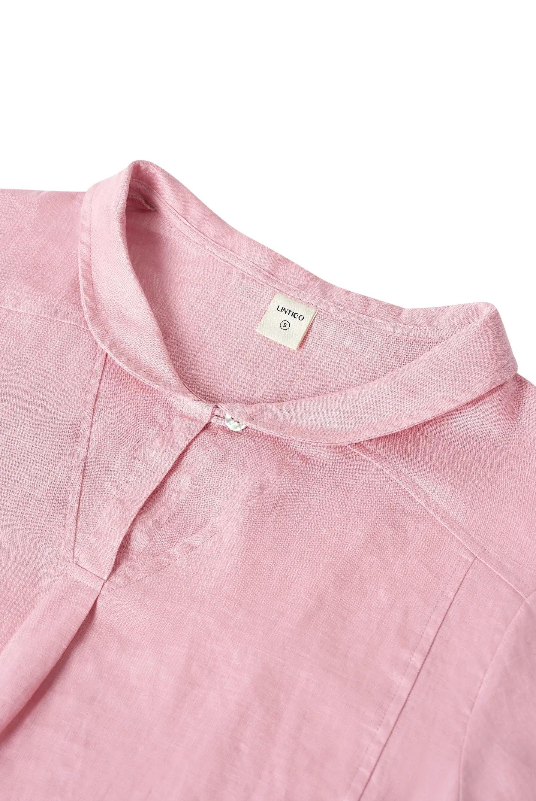 100% Linen Stripe Shawl V-Neck Half Sleeve Top - TOPS-Linen Blouses