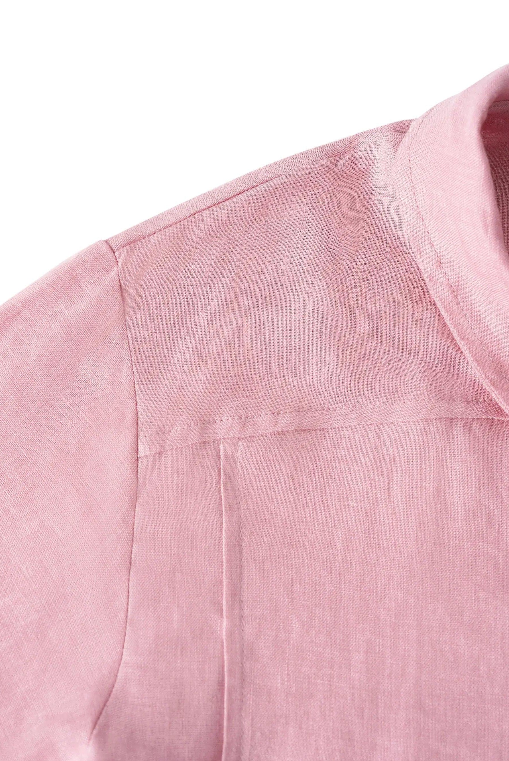 100% Linen Stripe Shawl V-Neck Half Sleeve Top - TOPS-Linen Blouses