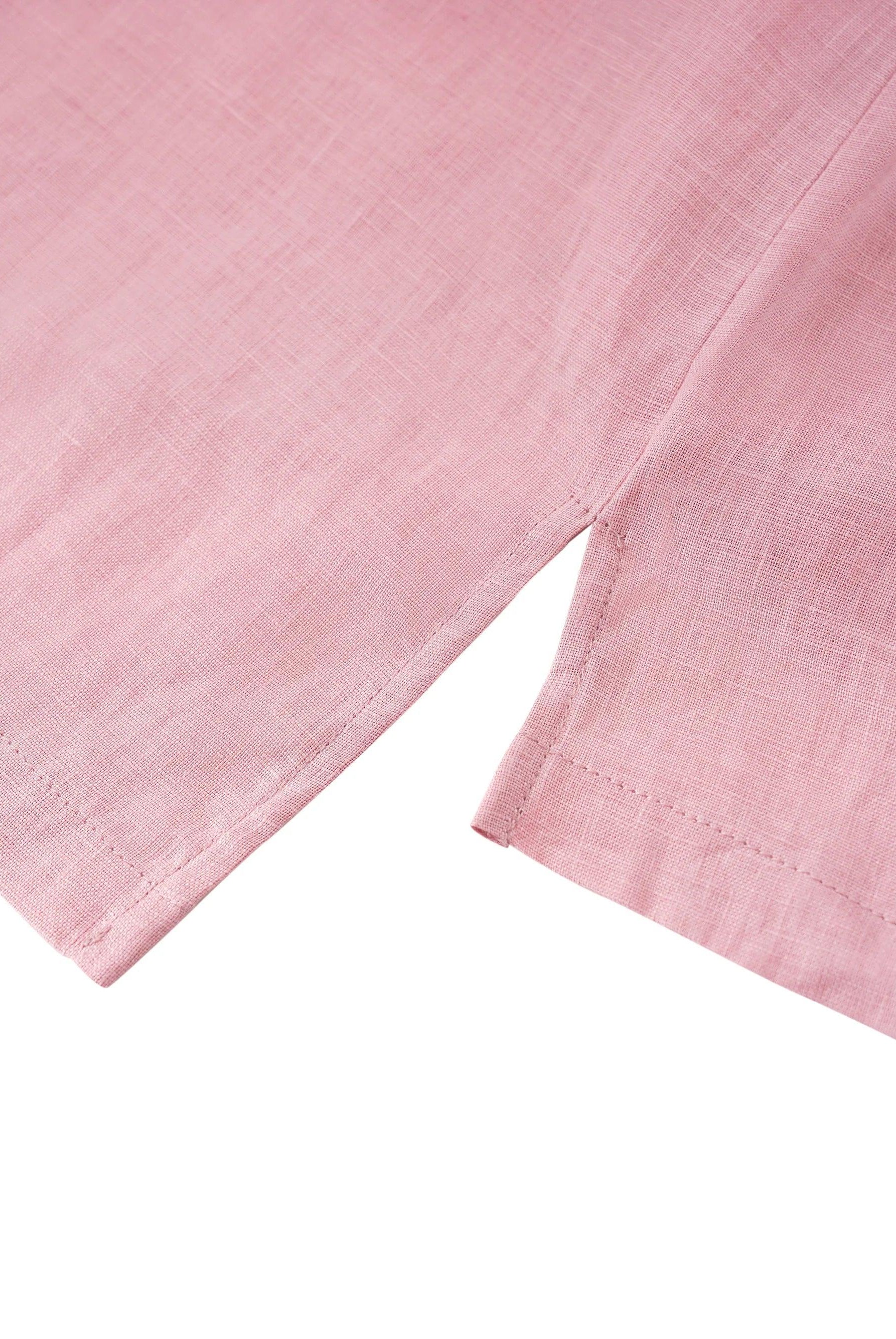 100% Linen Stripe Shawl V-Neck Half Sleeve Top - TOPS-Linen Blouses