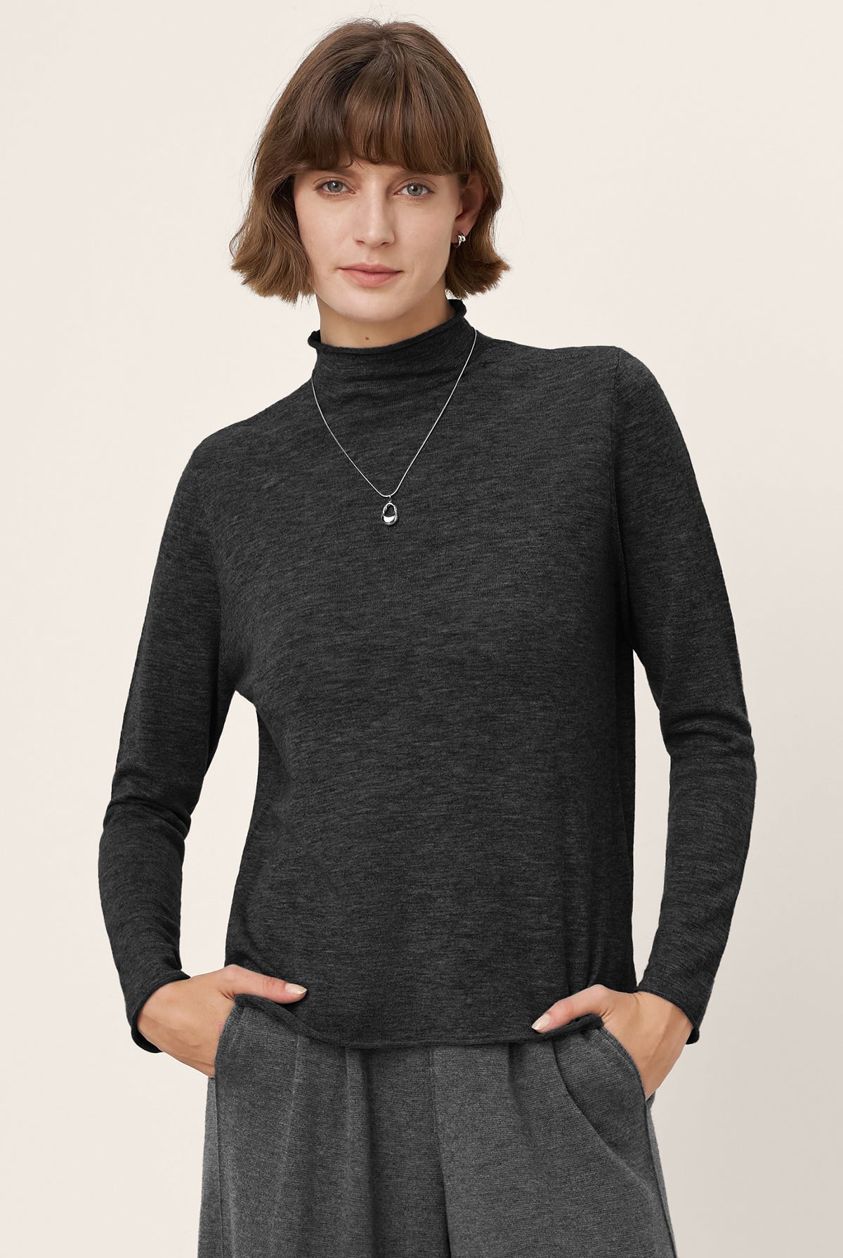 100% Extra-Fine Merino Wool Mock Neck Sweater with Rolled Edge ELA by LINTICO for women