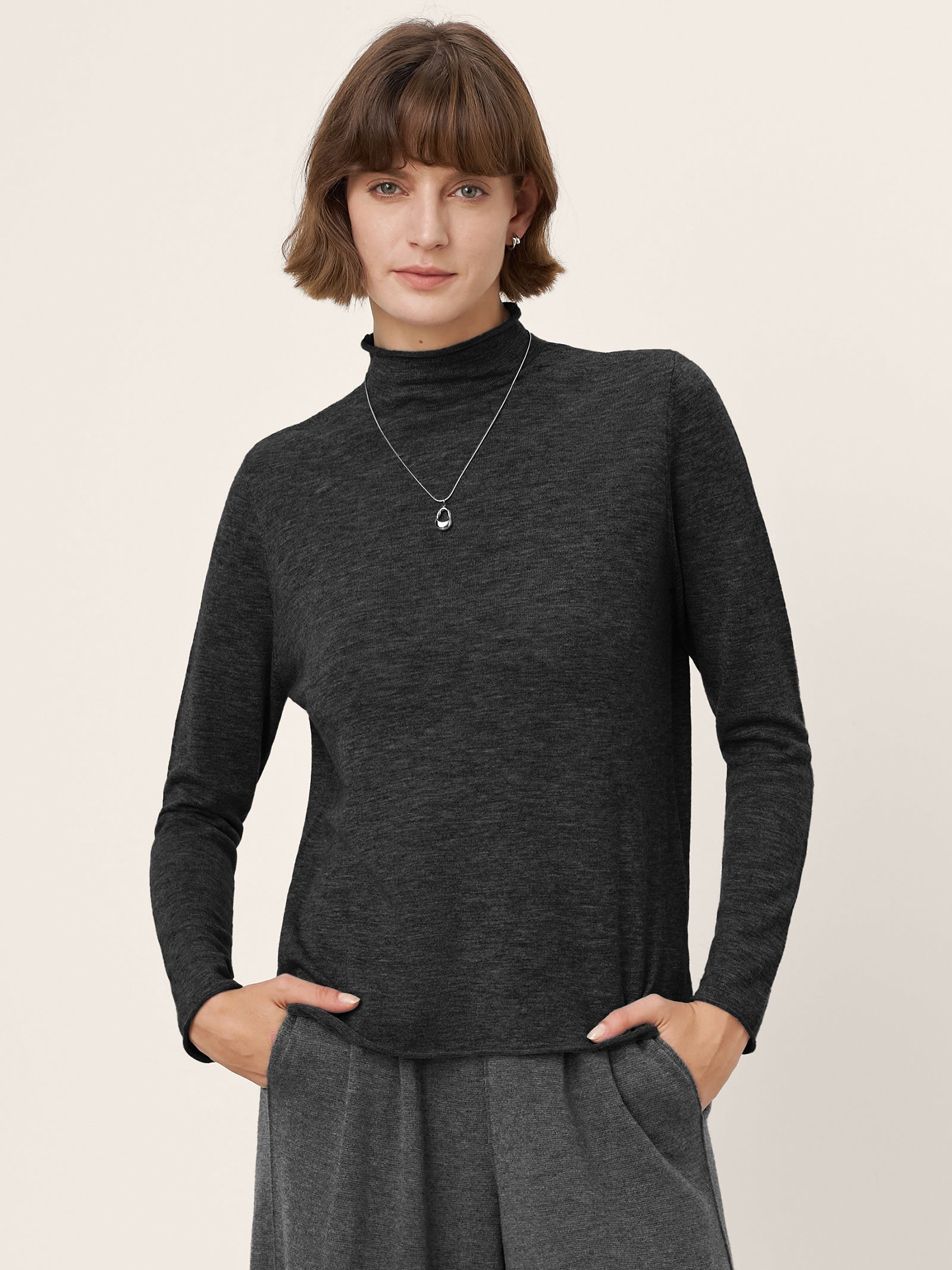 100% Extra-Fine Merino Wool Mock Neck Sweater with Rolled Edge ELA by LINTICO for women