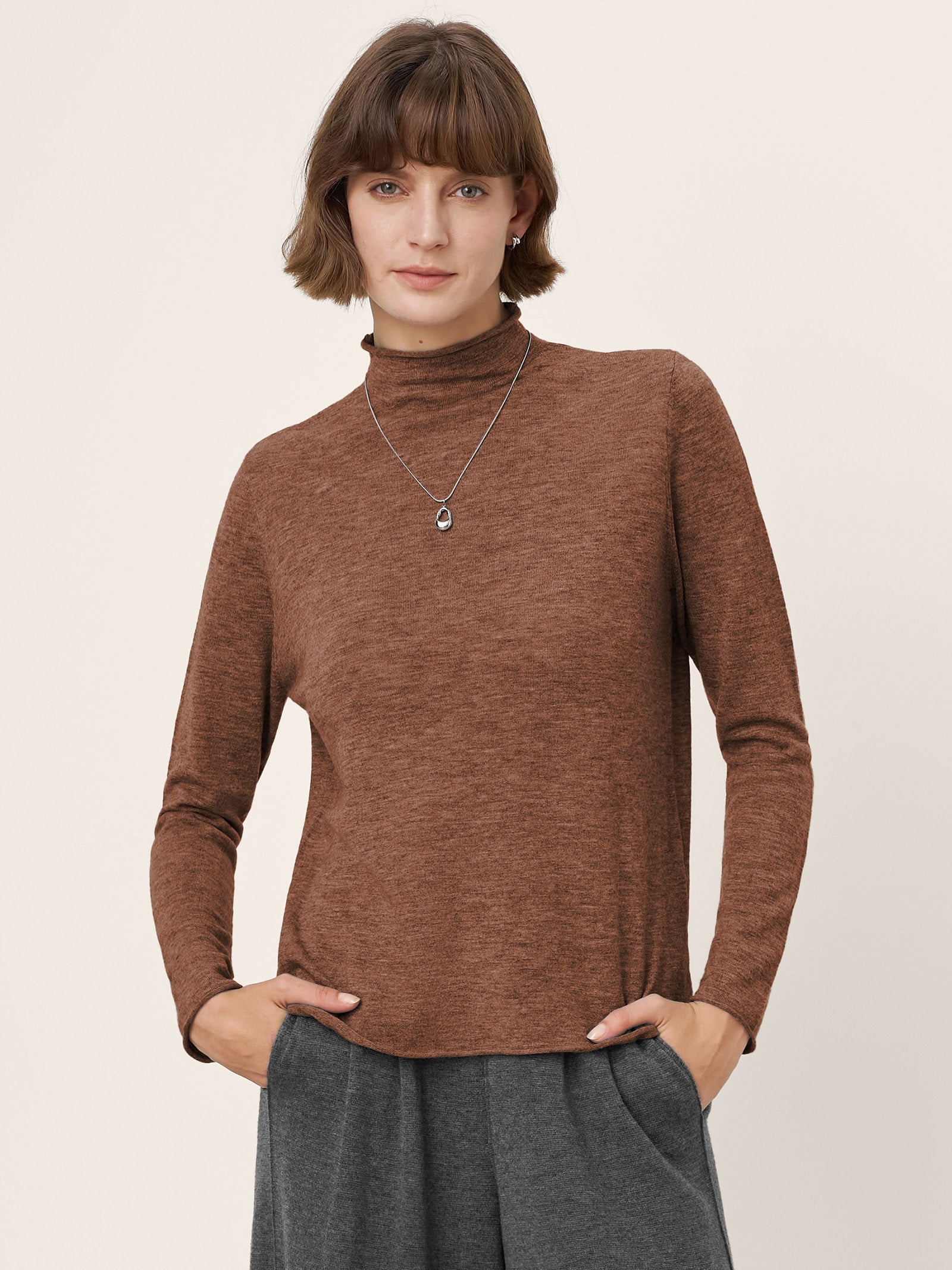100% Extra-Fine Merino Wool Mock Neck Sweater with Rolled Edge ELA by LINTICO for women