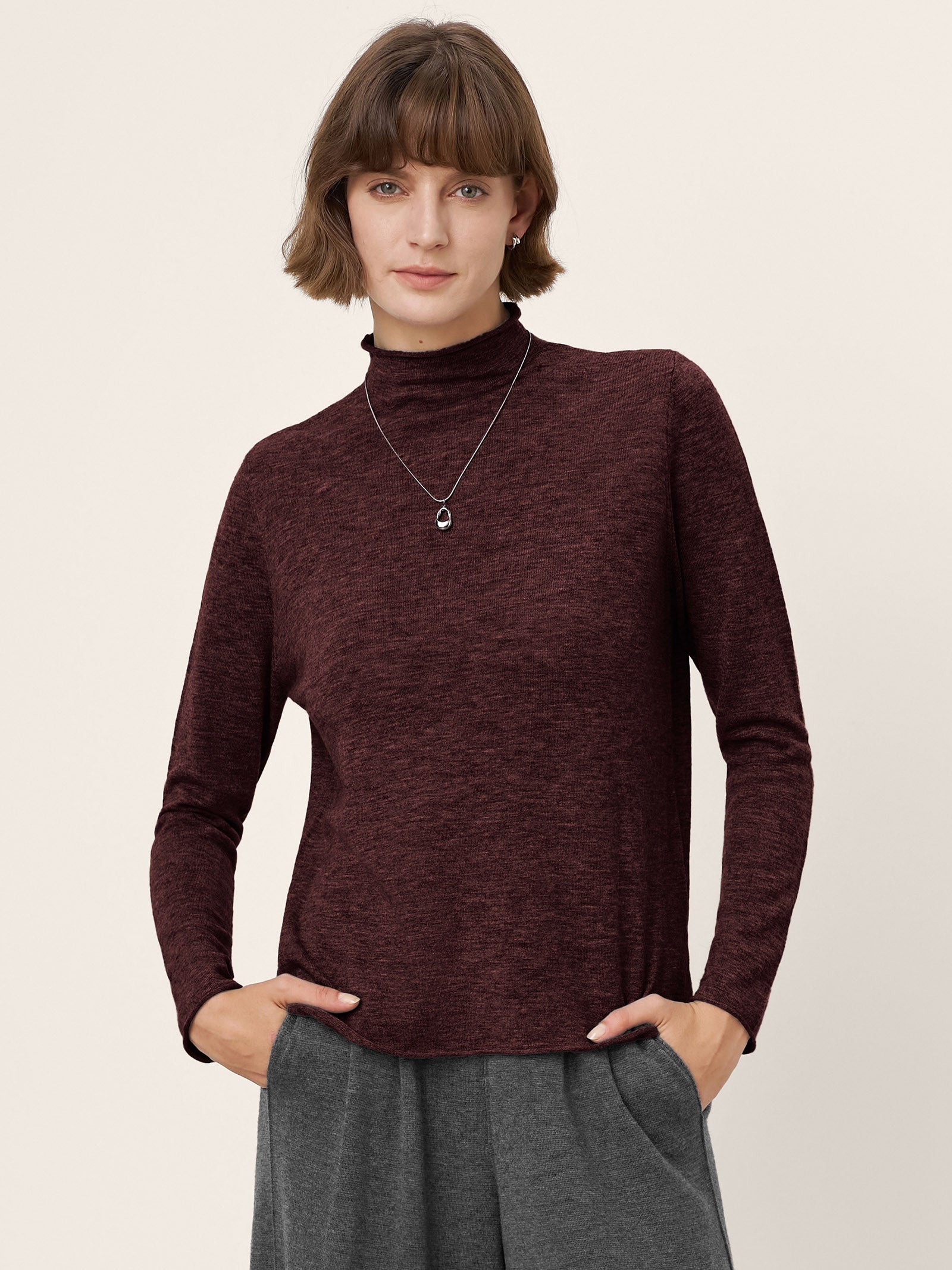 100% Extra-Fine Merino Wool Mock Neck Sweater with Rolled Edge ELA by LINTICO for women