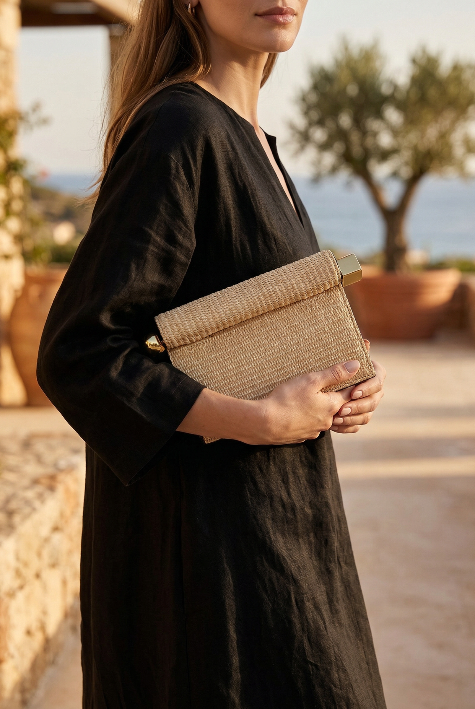 Elegant Woven Straw Foldover Clutch Natural Evening Handbag for Special Occassion by LINTICO