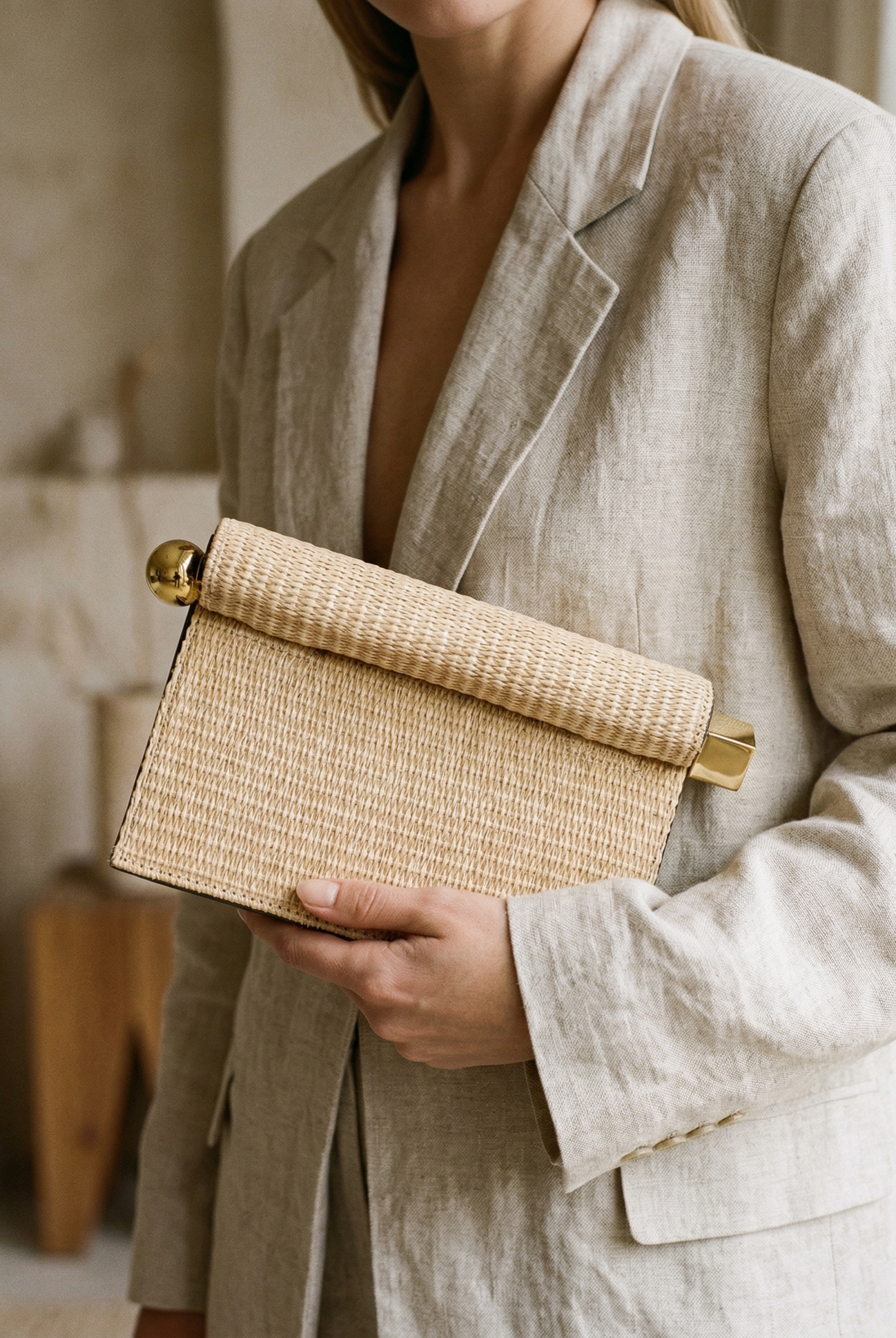 Elegant Woven Straw Foldover Clutch Natural Evening Handbag for Special Occassion by LINTICO