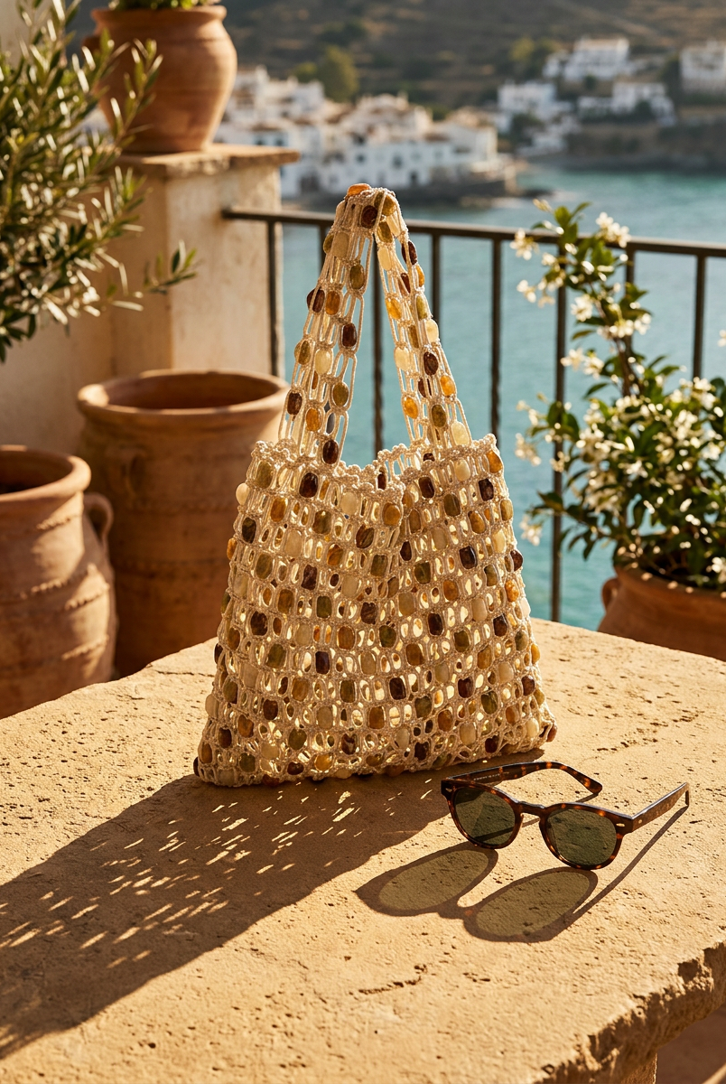 Artisanal Handwoven Gem Bead Crochet Tote Bag by LINTICO for women