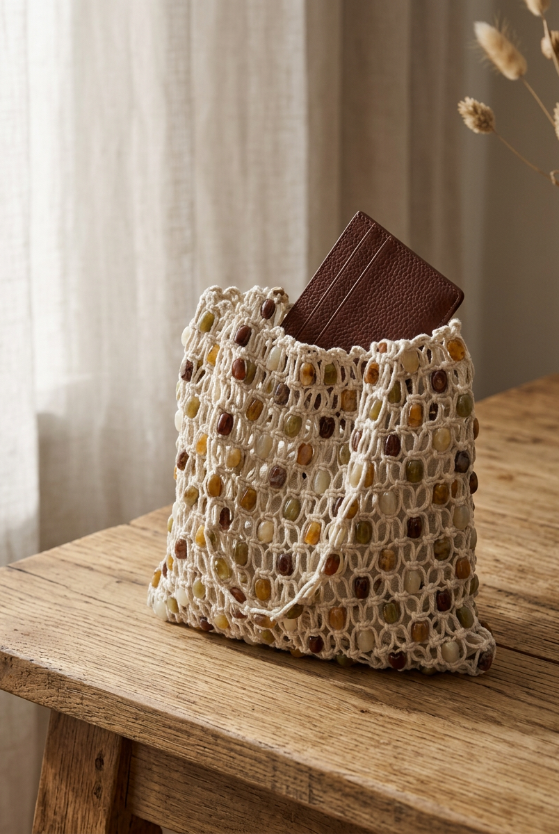 Artisanal Handwoven Gem Bead Crochet Tote Bag by LINTICO for women