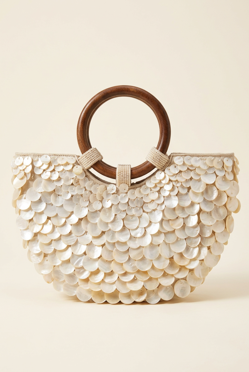 Handmade Shell Handbag Pearl Shell Tote Bag with Wooden Handle by LINTICO for women