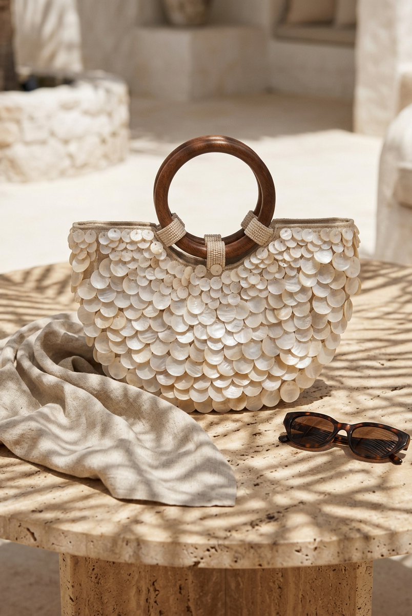 Handmade Shell Handbag Pearl Shell Tote Bag with Wooden Handle by LINTICO for women