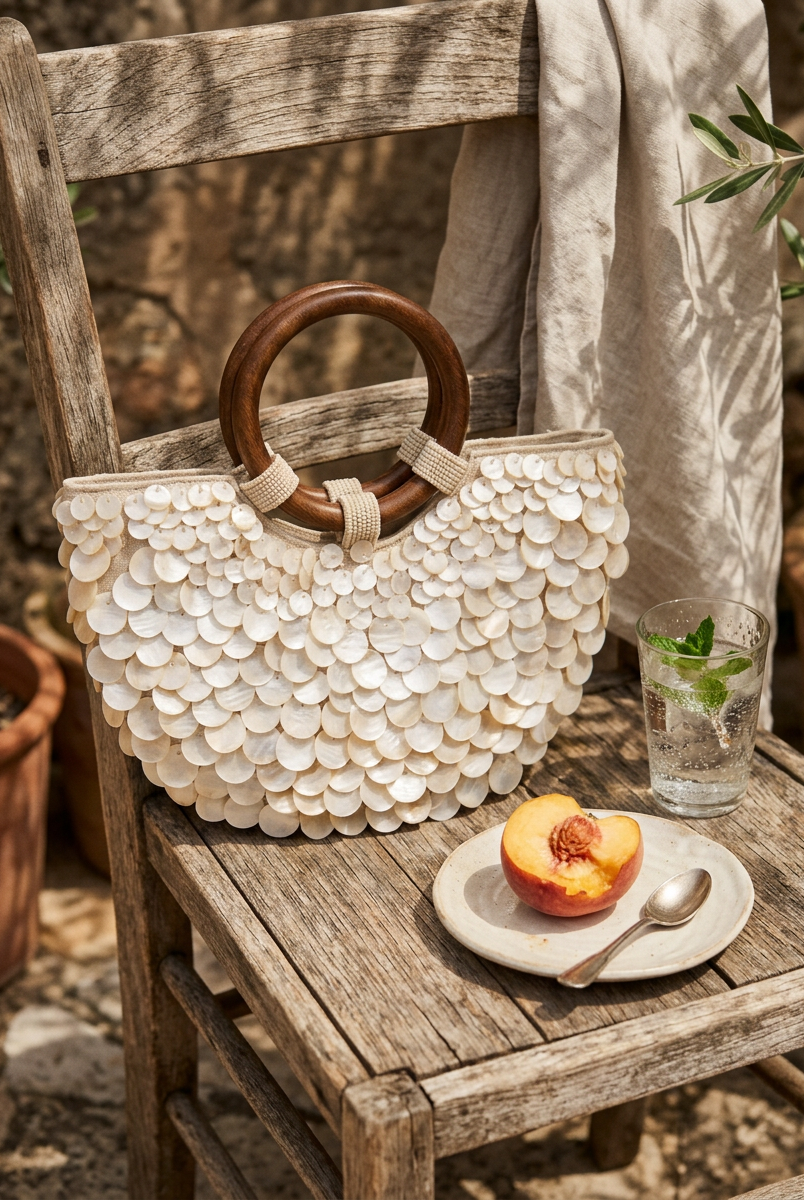 Handmade Shell Handbag Pearl Shell Tote Bag with Wooden Handle by LINTICO for women