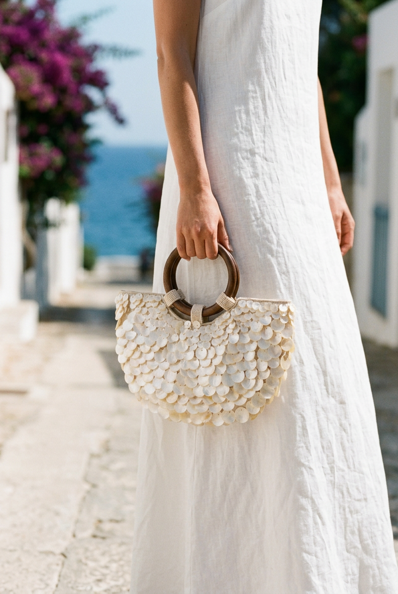 Handmade Shell Handbag Pearl Shell Tote Bag with Wooden Handle by LINTICO for women