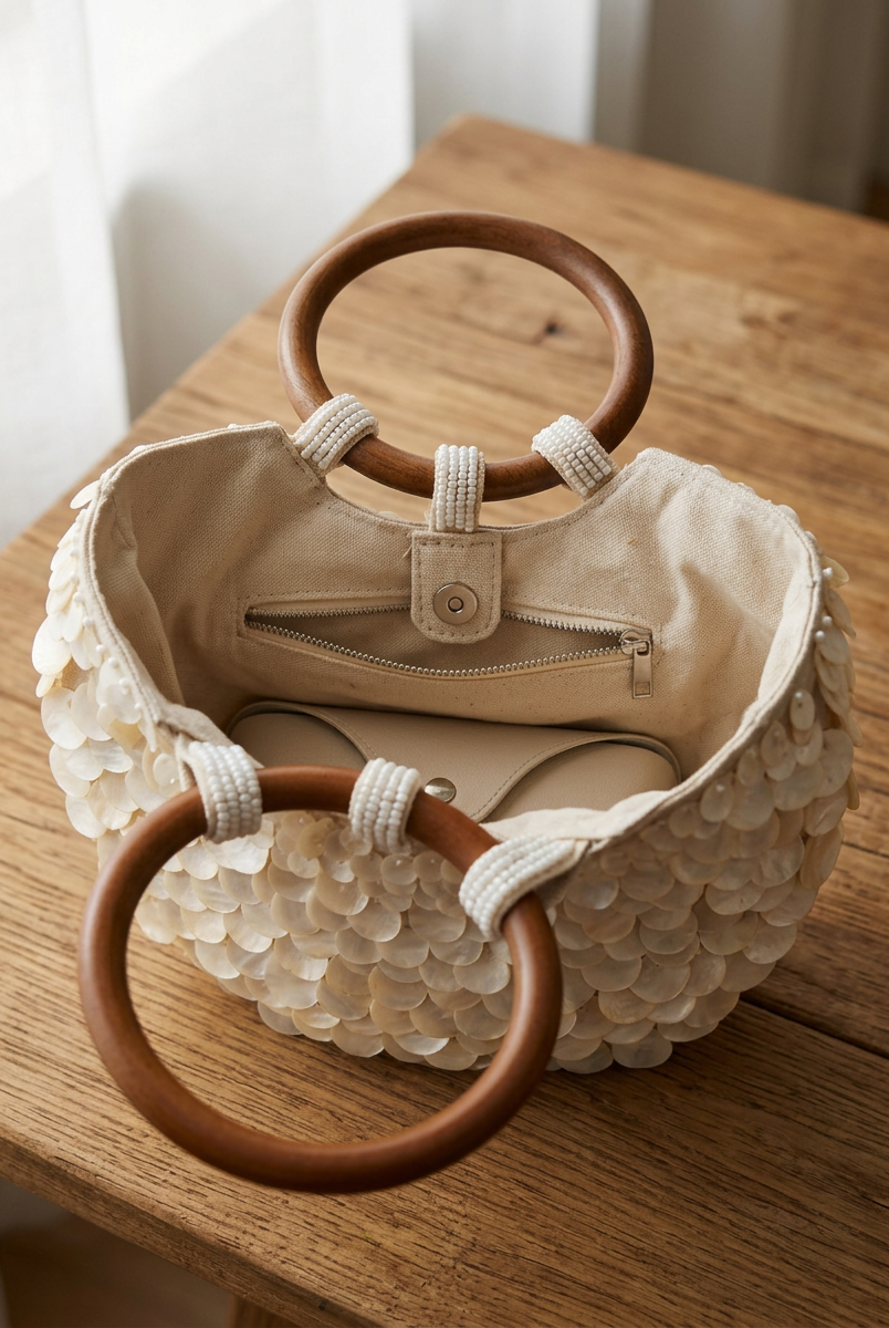 Handmade Shell Handbag Pearl Shell Tote Bag with Wooden Handle by LINTICO for women