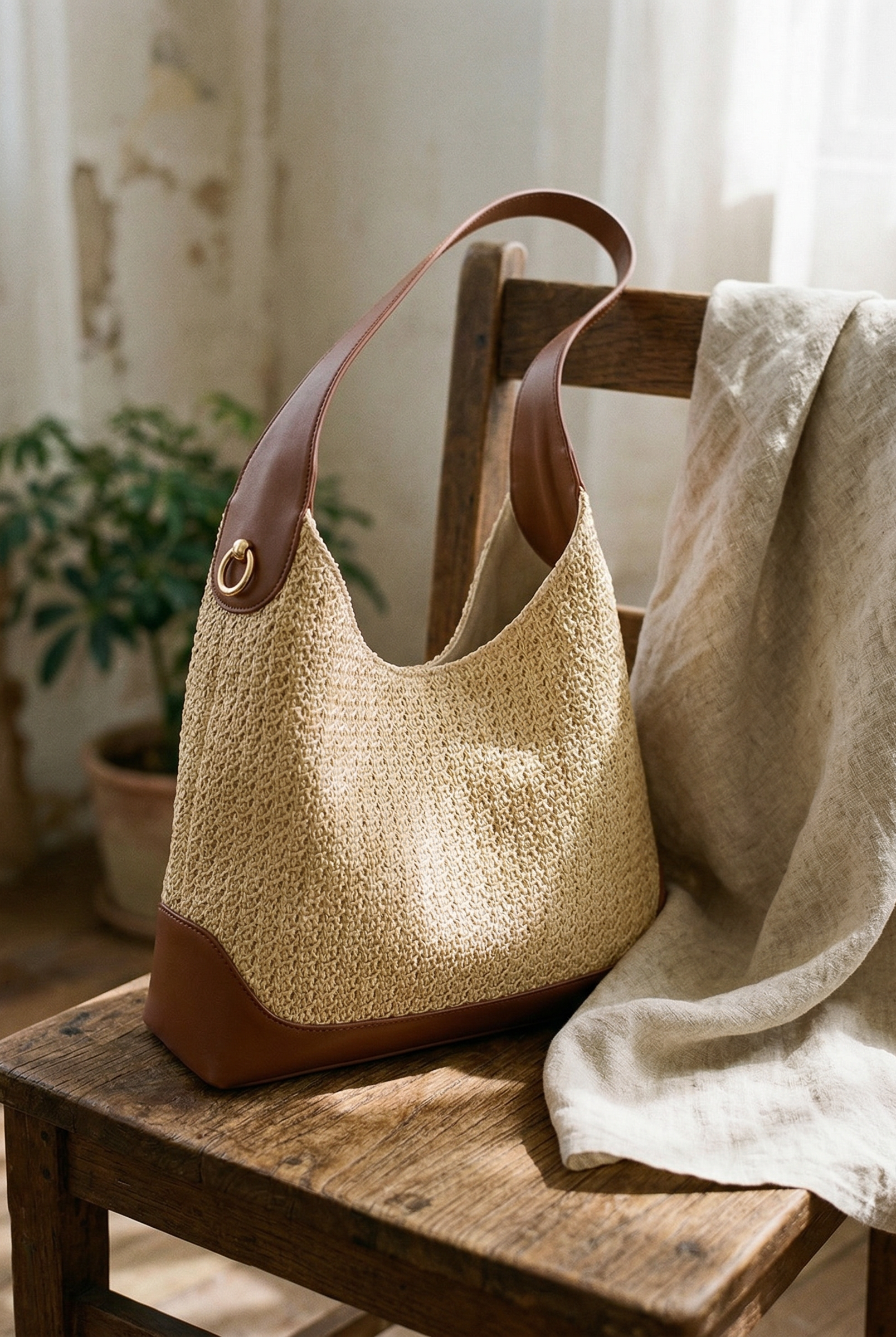 Artisanal Handwoven Colorblock Bucket Bag for Effortless Coastal Style by LINTICO for women