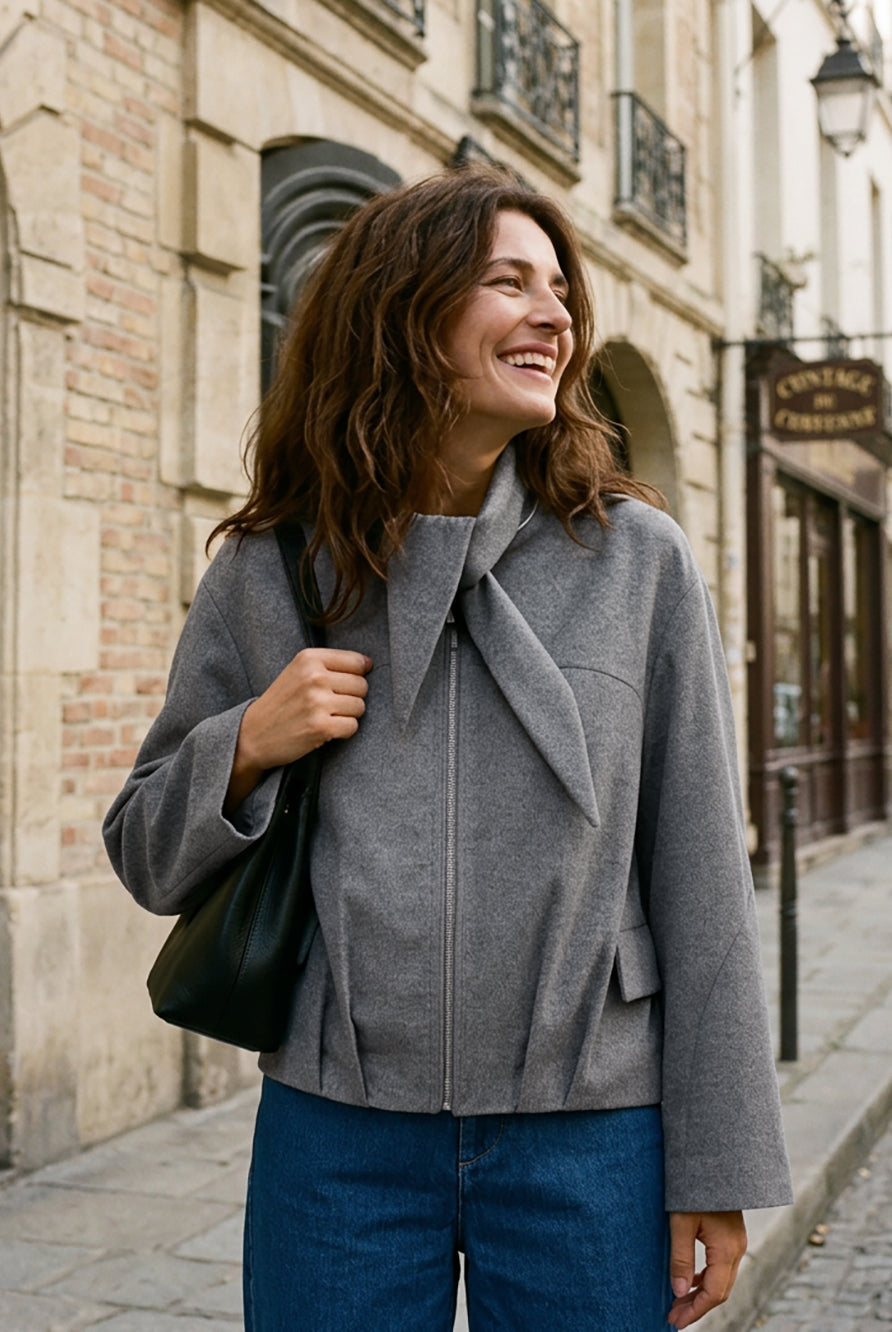 Model wearing Wool Modular Scarf Collar Jacket MARIELA in Charcoal Grey