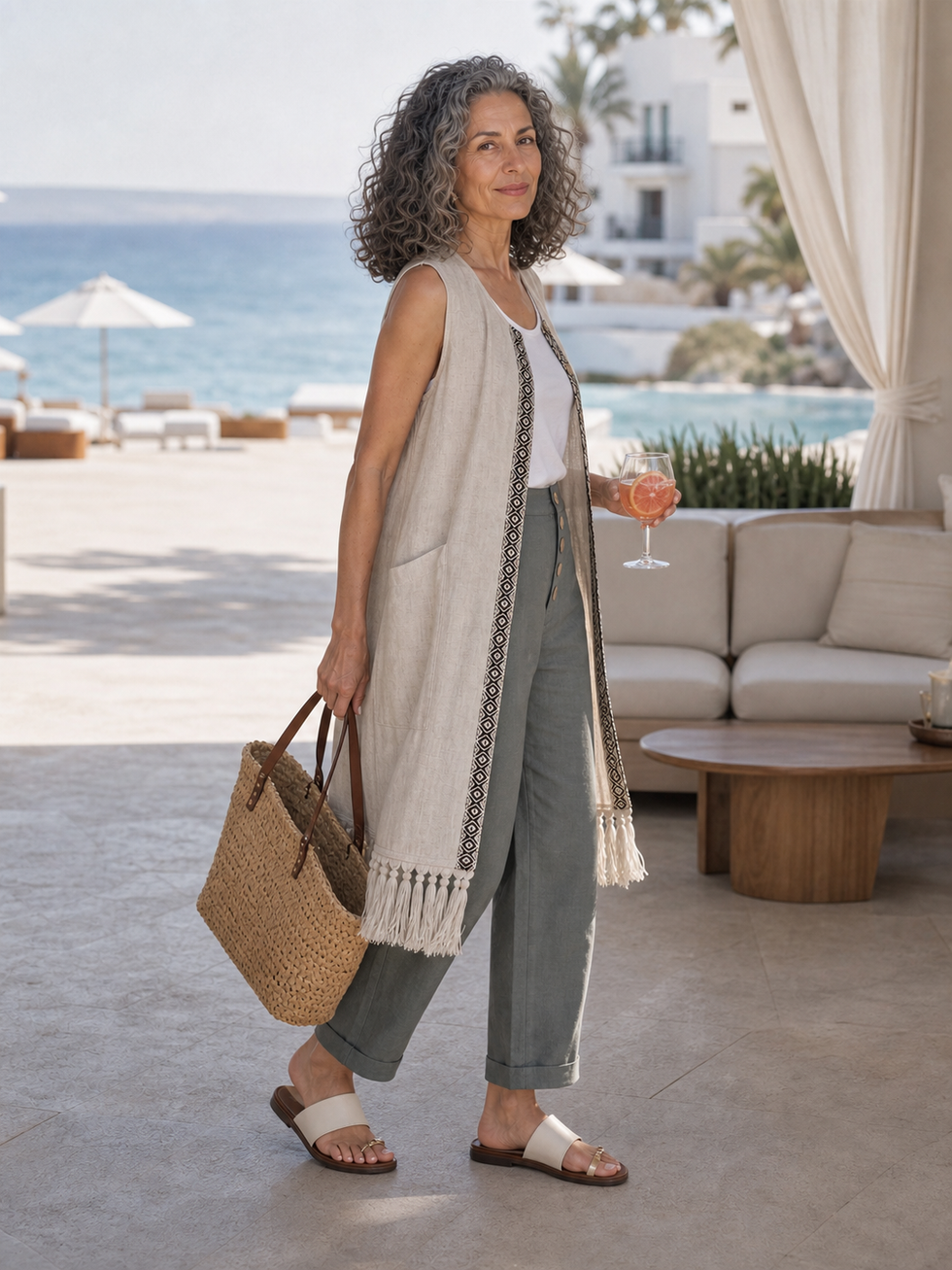 100% Linen Geometric Trim Fringe Hem Long Vest ROSALIE by LINTICO