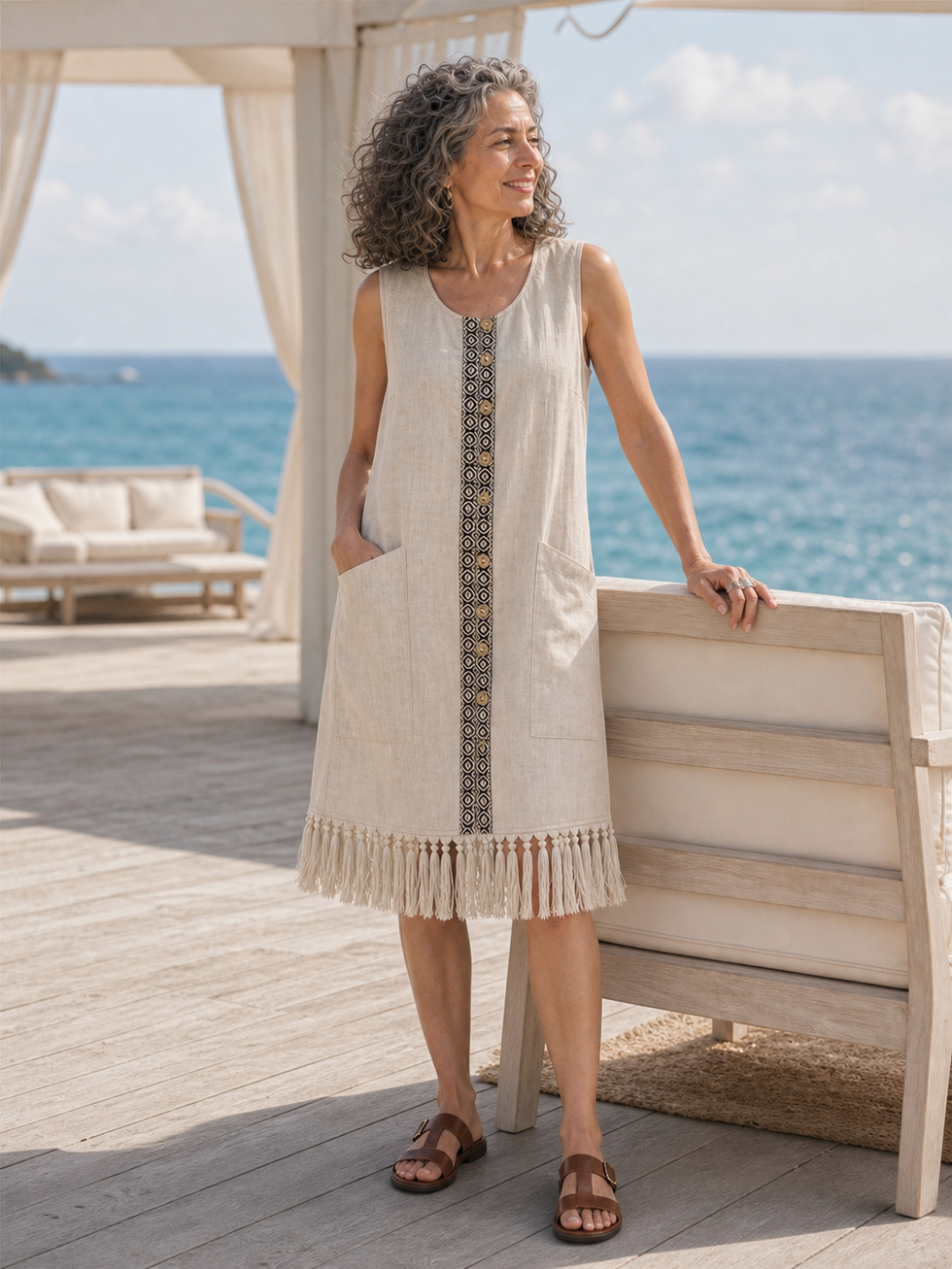 100% Linen Geometric Trim Fringe Hem Long Vest ROSALIE by LINTICO