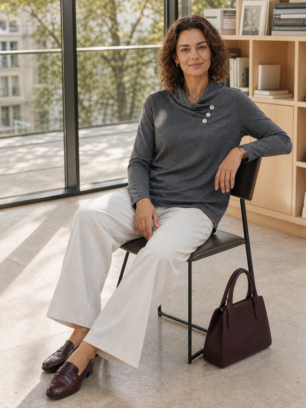Grey Cashmere Asymmetric Cowl Neck Stretch Top TATIANA by LINTICO