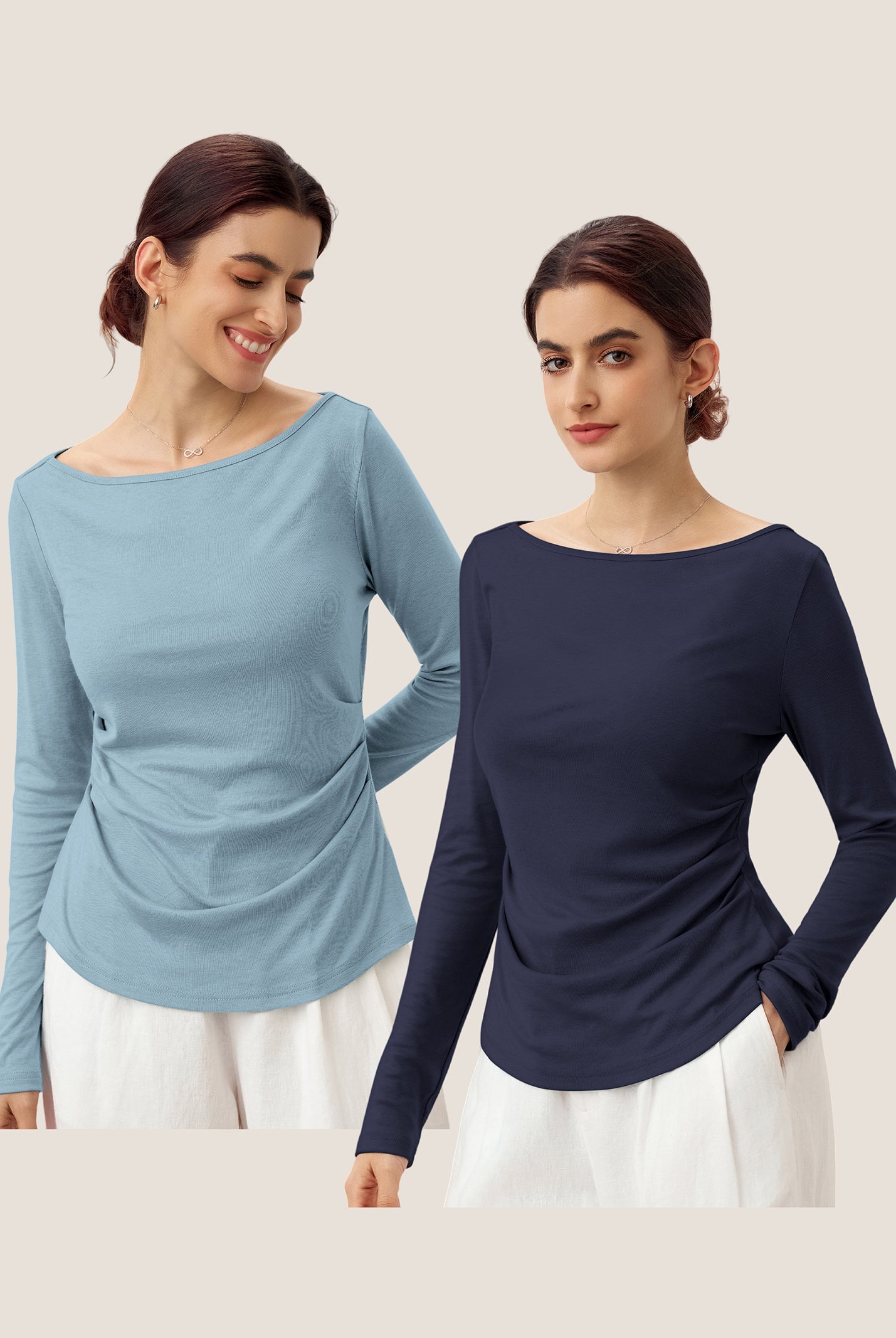 Wool Side Ruched Boat Neck Stretch Top VIVIEN by LINTICO for women