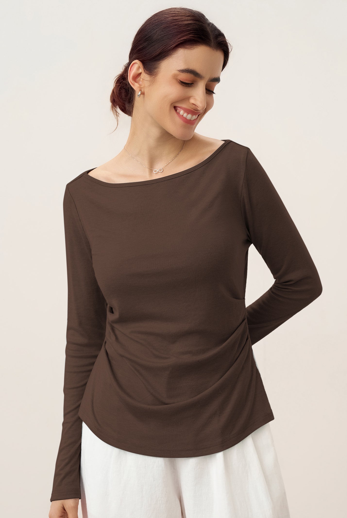 Wool Side Ruched Boat Neck Stretch Top VIVIEN by LINTICO for women