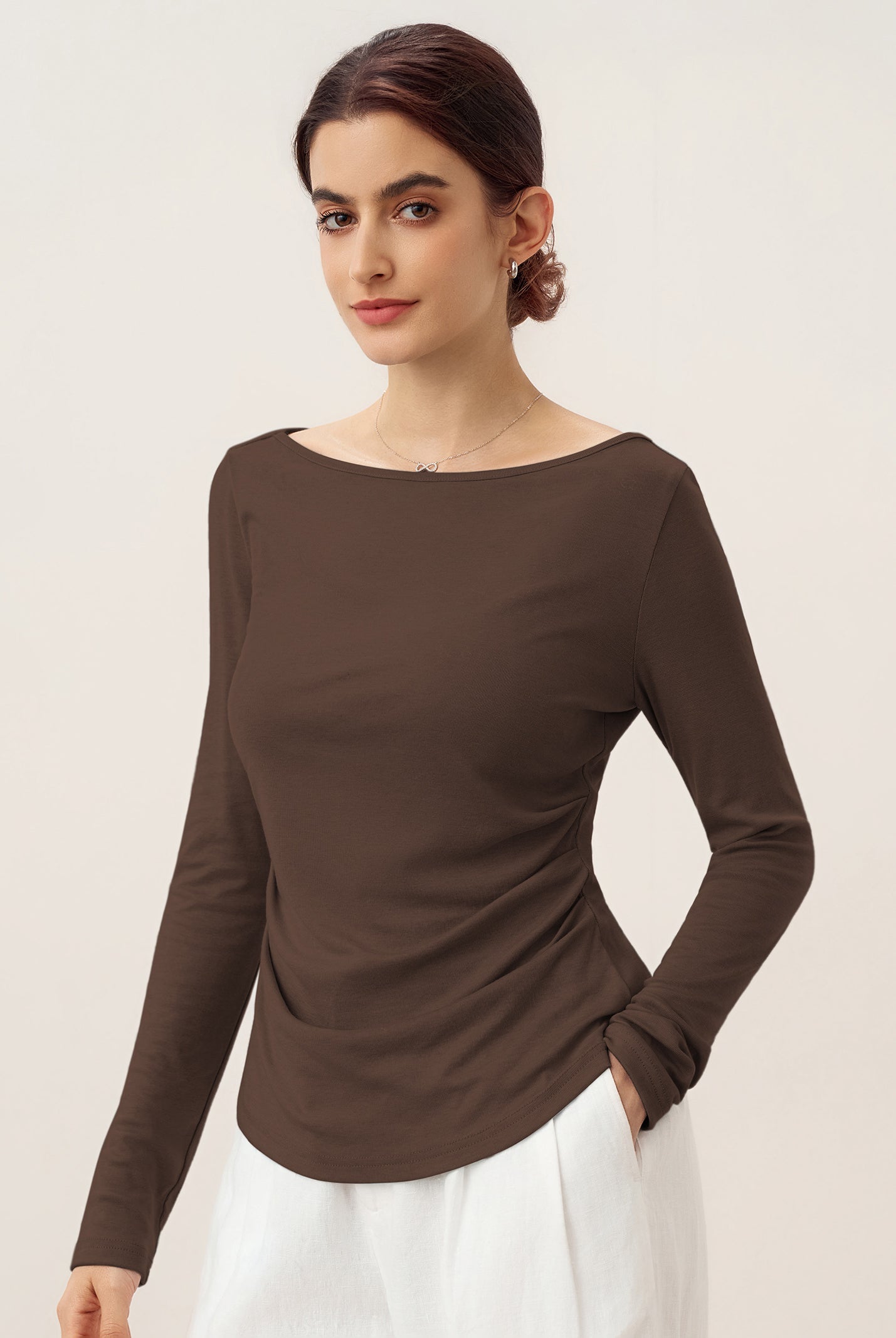 Wool Side Ruched Boat Neck Stretch Top VIVIEN by LINTICO for women