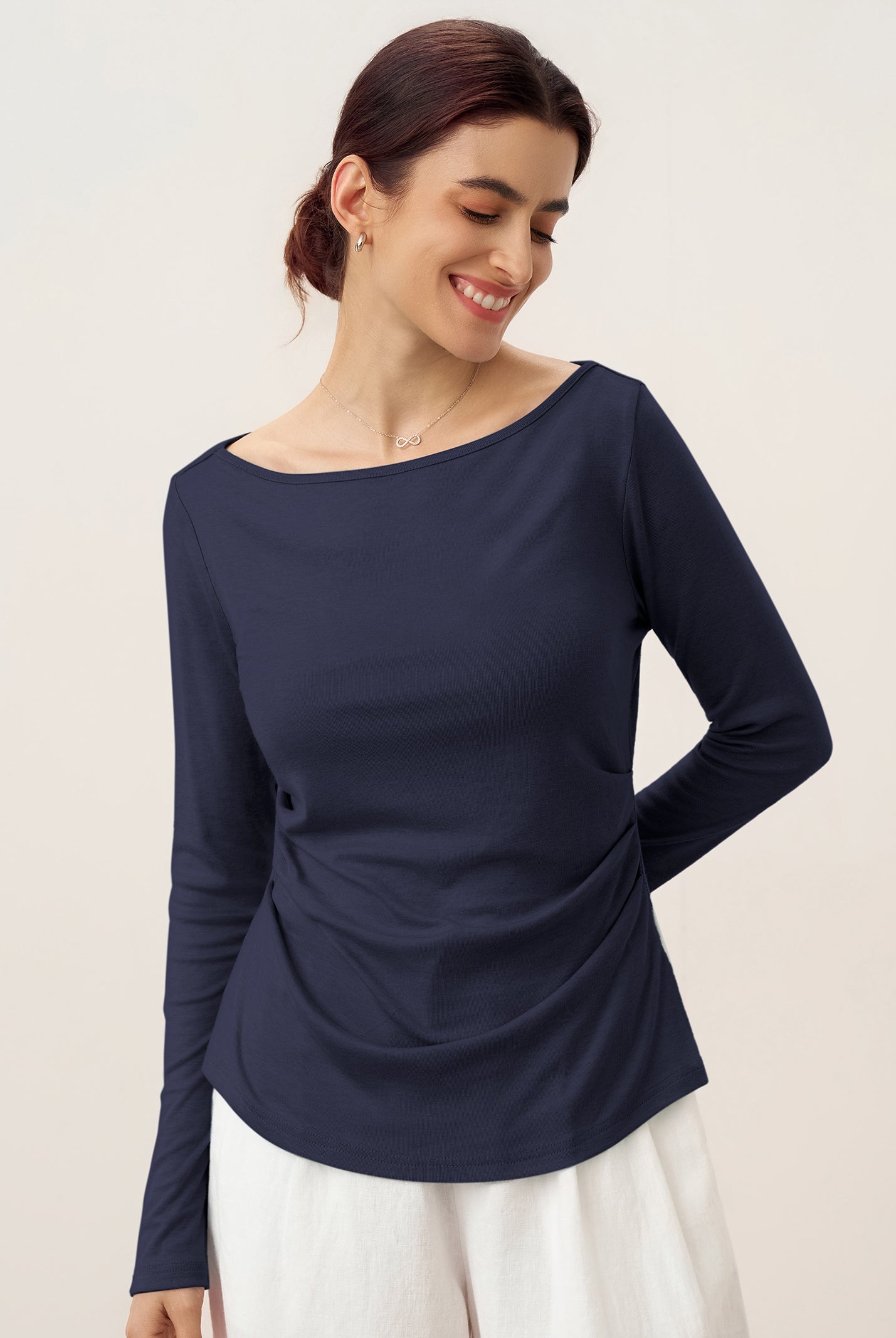 Wool Side Ruched Boat Neck Stretch Top VIVIEN by LINTICO for women