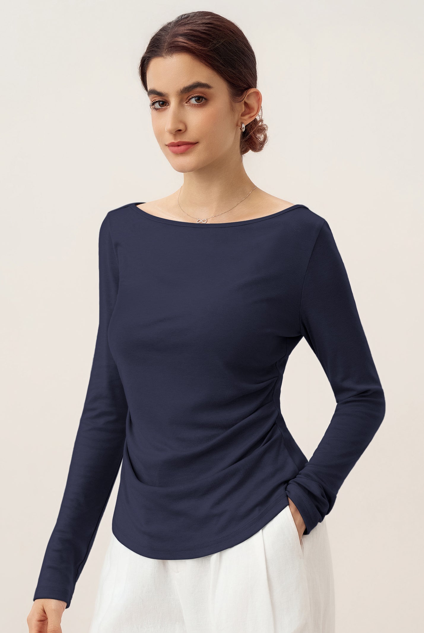 Wool Side Ruched Boat Neck Stretch Top VIVIEN by LINTICO for women