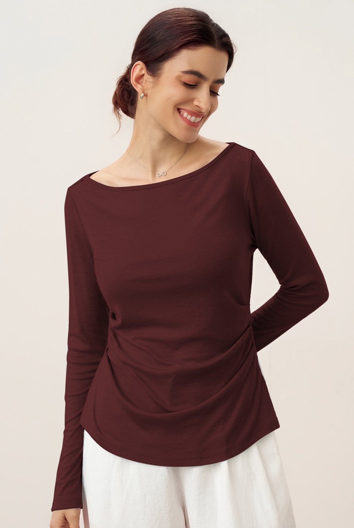 Wool Side Ruched Boat Neck Stretch Top VIVIEN by LINTICO for women
