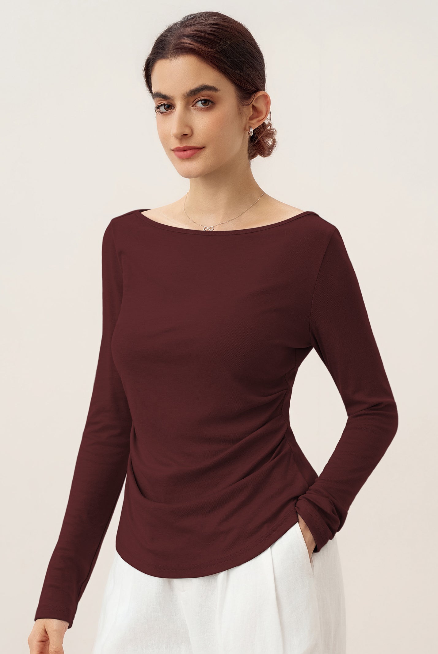 Wool Side Ruched Boat Neck Stretch Top VIVIEN by LINTICO for women