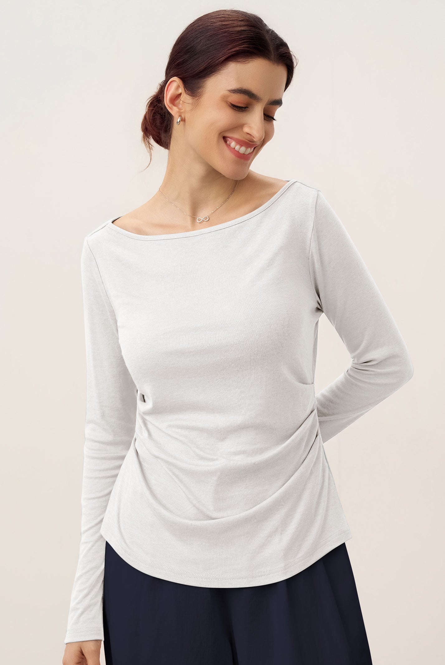 Wool Side Ruched Boat Neck Stretch Top VIVIEN by LINTICO for women
