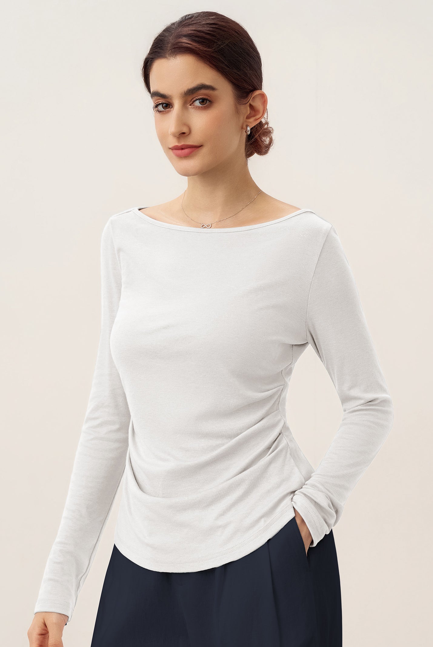 Wool Side Ruched Boat Neck Stretch Top VIVIEN by LINTICO for women