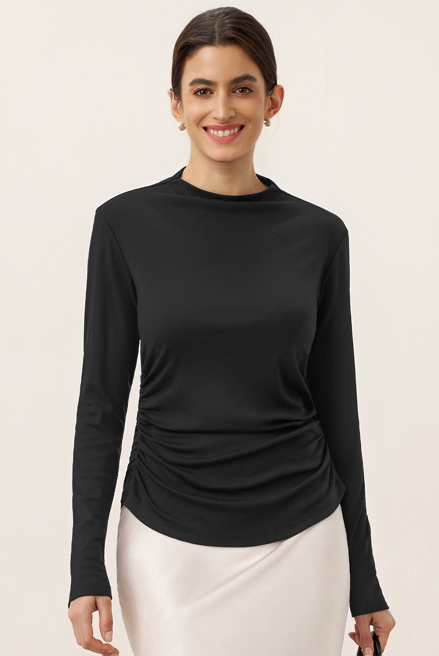Wool Mock Neck Waist Pleat Top ISOLDE by LINTICO for women