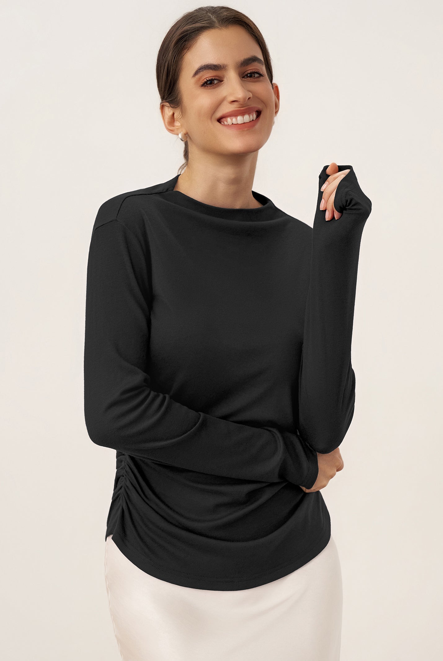 Wool Mock Neck Waist Pleat Top ISOLDE by LINTICO for women
