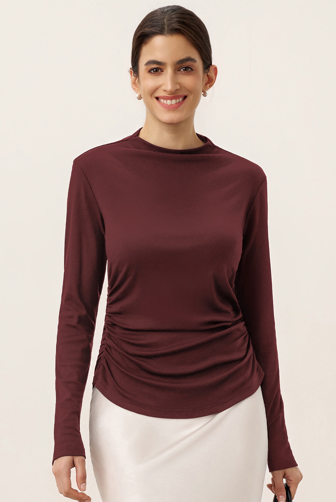Wool Mock Neck Waist Pleat Top ISOLDE by LINTICO for women