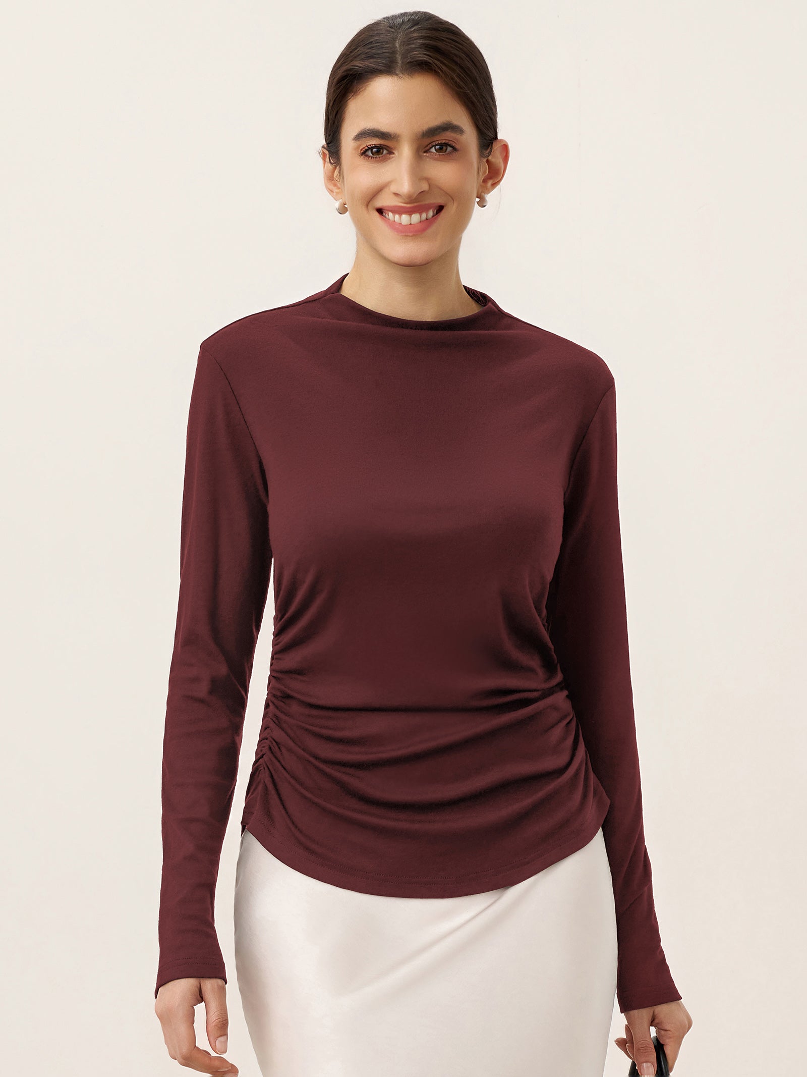 Wool Mock Neck Waist Pleat Top ISOLDE by LINTICO for women