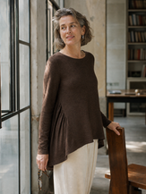 Coffee Wool Panelled Ruched Asymmetric Hem Top KALISTA by LINTICO