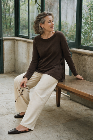 Coffee Wool Panelled Ruched Asymmetric Hem Top KALISTA by LINTICO
