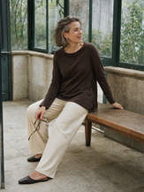 Coffee Wool Panelled Ruched Asymmetric Hem Top KALISTA by LINTICO