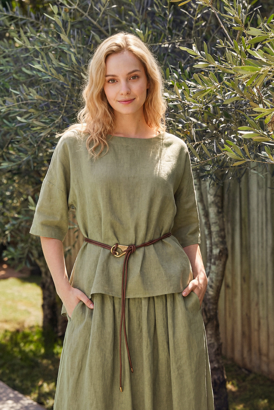 100% Linen Drop Shoulder Shirred Back High-Low Hem Top LINDSEY by LINTICO for women