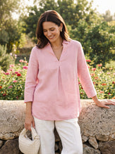 100% Linen Layered Lapel V-neck Sculpted Front Pleat Longline Top ODALYS by LINTICO for women