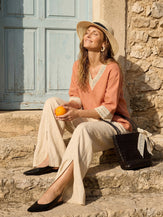 100% Linen Lace-Trim V-Neck Top KEELY by LINTICO for women