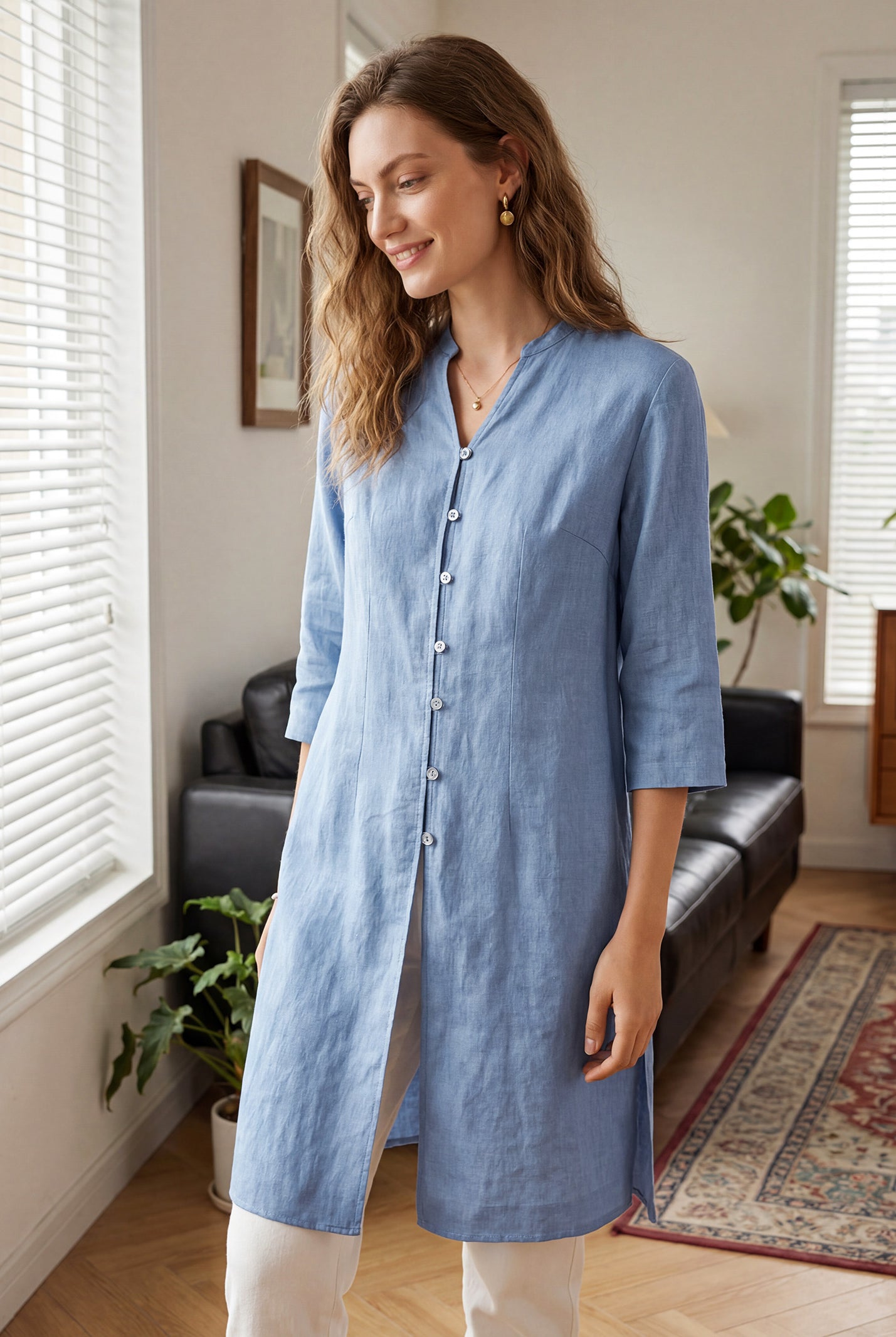 100% Linen Hand Button Long Top DILLON by LINTICO for women